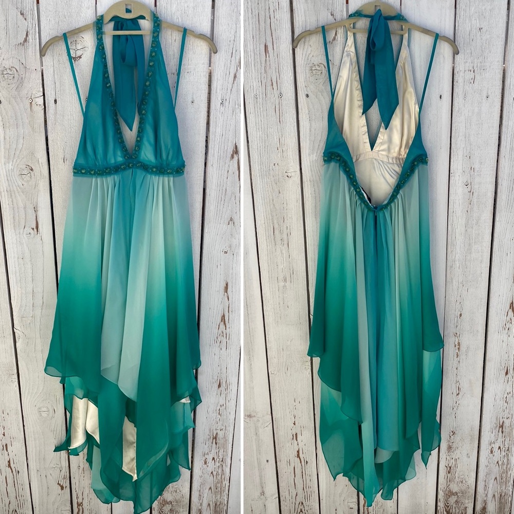 BCBGMAXAZRIA silk halter dress, size 8!  Unique and has beautiful flow.